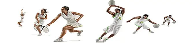 atheltic woman playing tennis and man playing basketball